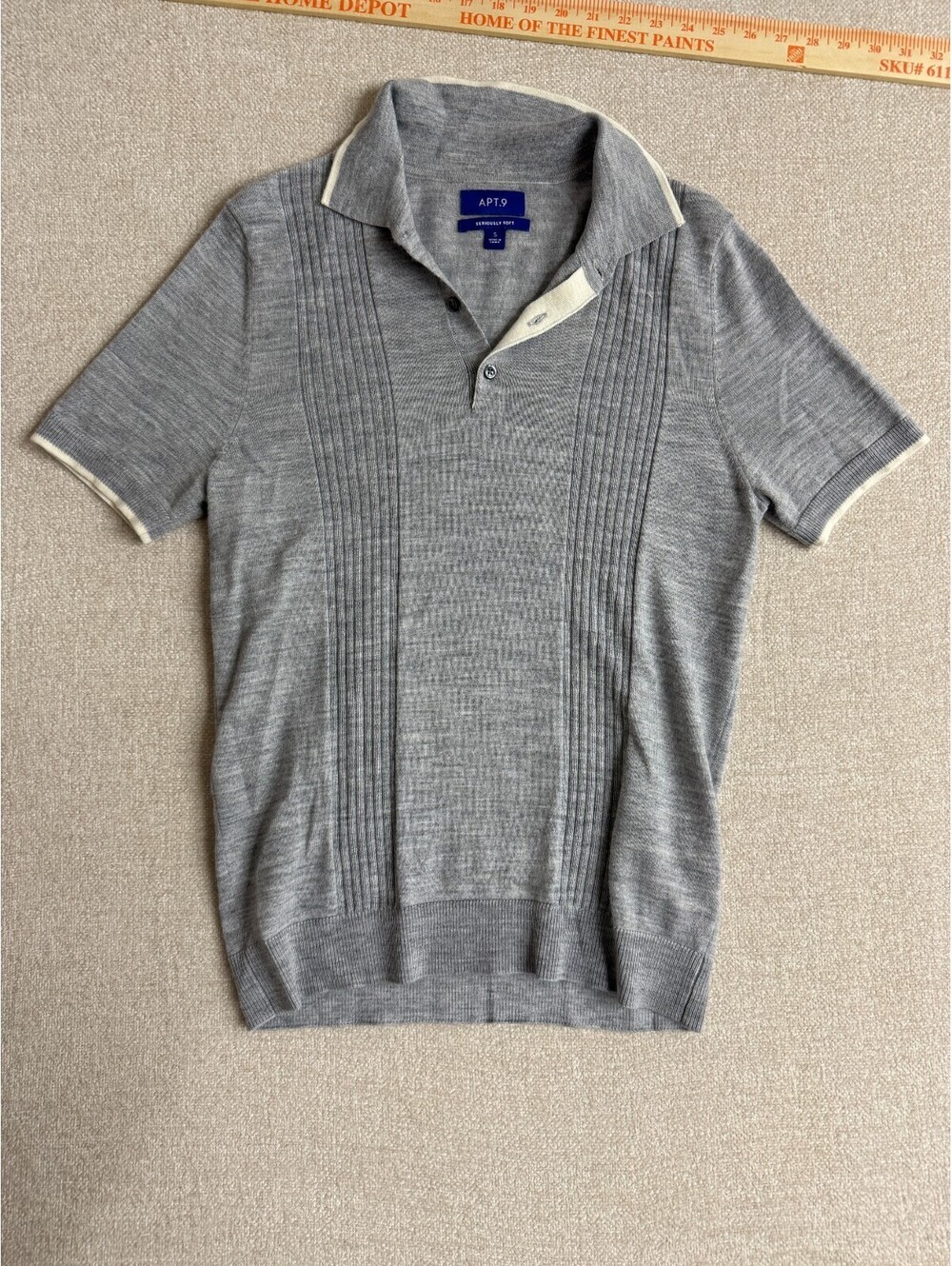 APT 9 Mens Small Heather Grey Cable Knit Short Sleeve Sweater Polo Shirt